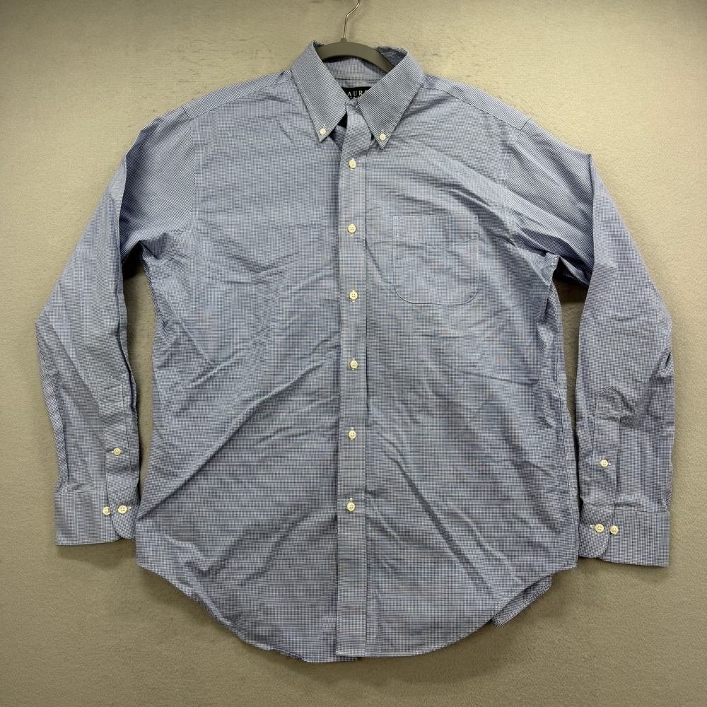 Lauren Ralph Lauren Shirt Men's 16 Blue Gingham Check Non Iron Button Up Oxford